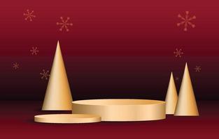 Gold Christmas podium decorated with pine trees. Empty cylinder mockup background image concept. Vector for design sales and product advertising materials.