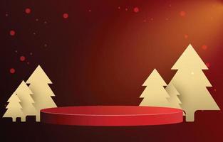 Red Christmas podium decorated with pine trees. Empty cylinder mockup background image concept. Vector for design sales and product advertising materials.