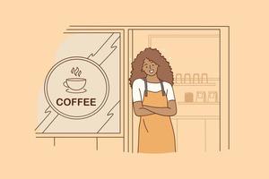 Barista during work concept. Young smiling black woman barista cartoon character working at cafeteria standing and smiling looking at camera waiting for clients vector illustration