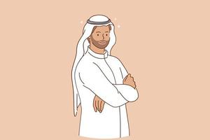 Arabic ethnicity and traditional wear concept. Portrait of smiling arabic man cartoon character with kandora standing with hands crossed looking at camera vector illustration