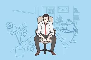 Businessman working in office concept. Young positive businessman cartoon character sitting on chair looking at camera at workplace in office vector illustration