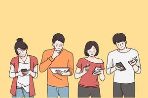 Technologies and surprise concept. Surprised teens children cartoon characters looking into their mobile phones feeling surprised and positive vector illustration