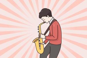 Musician and playing saxophone concept. Small positive man boy cartoon character musician standing and playing saxophone music melody vector illustration