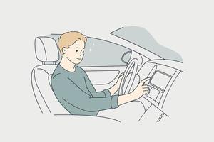 conducción de automóviles y concepto de vehículo moderno. personaje de dibujos animados de hombre joven sentado en un coche cómodo y presionando el botón de aire acondicionado o ilustración de vector de música