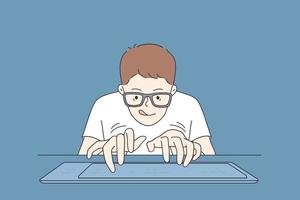 Playing video games concept. Portrait of young student playing video game crazy geek in glasses typing on keyboard vector illustration