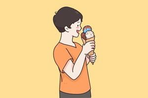 Happy child eating sweets concept. Smiling positive kid boy cartoon character standing and eating sweet dessert ice cream lollipop vector illustration