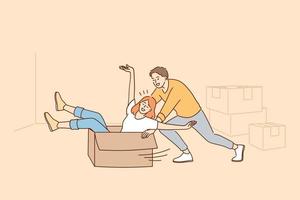 Having Fun during renovation in apartment concept. Happy young couple cartoon characters rolling in cardboard box during renovation and works or relocation vector illustration