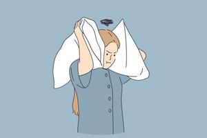 Stress and annoying concept. Annoyed young woman cartoon character standing covering ears with pillows feeling irritated of loud noise vector illustration