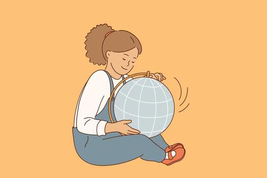 Geography and learning countries concept. Small smiling girl cartoon character sitting on floor with glove and learning various countries on map vector illustration