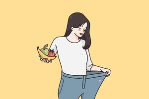 Weight loss and diet concept. Happy smiling woman in oversized jeans standing holding fresh fruits and vegetables showing weight loss results vector illustration