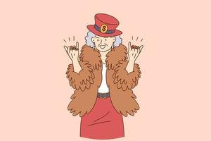 concepto elegante y divertido de personas mayores. abuela feliz con sombrero de abrigo hipster con anillos en los dedos personaje de dibujos animados de pie sintiéndose fresco y positivo estilo de vida ilustración vectorial vector