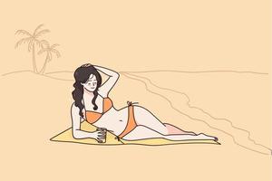 Vacation on sea beach and traveling concept. Young relaxed woman cartoon character in bikini lying and sunbathing on sandy beach on paradise island vector illustration