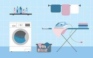 washing machine and ironing board in the bathroom vector