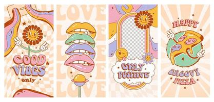 Groovy hippie 70s posters set. Good vibes. Funny flowers, pizza, lips, love in trendy retro psychedelic cartoon style. vector