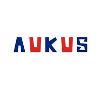 Inscription AUKUS is the UK, US and Australia. Three-nation agreement. Triple alliance concept. Vector red and blue icon on white background.