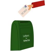 Mailbox with letters from children for Santa Claus. Classic decorative Christmas post box  with envelopes and hand. vector