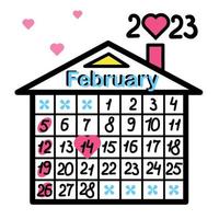 Calendar 2023. February. Valentine's day. Creative Unusual calendar drawn by hand. House calendar. Scribbles, doodle. Template for desktop, wall calendar, daily planner, organizer. Vector illustration