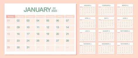 calendario de pared 2023. enero. semana comienza el domingo. plantilla de calendario mensual. planificador corporativo de diseño. orientación horizontal. planificación de negocios de oficina. color pastel. ilustración vectorial vector