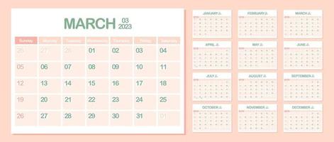 calendario de pared 2023. marzo. semana comienza el domingo. plantilla de calendario mensual. planificador corporativo de diseño. orientación horizontal. planificación de negocios de oficina. color pastel. ilustración vectorial vector