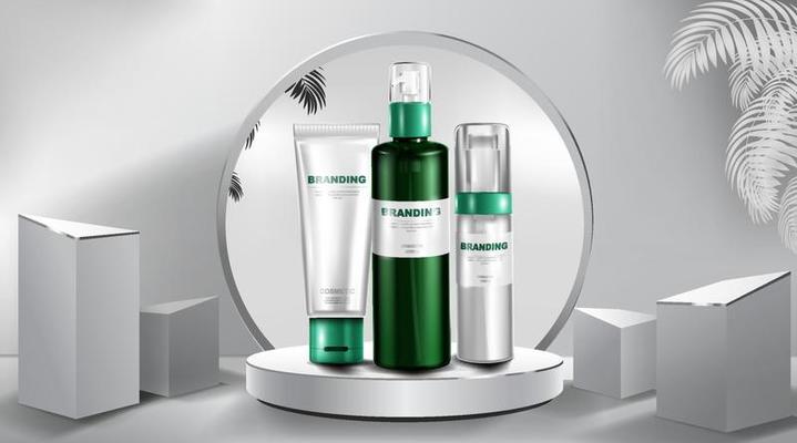 Cosmetic tube and realistic bottle at stage pedestal. Branding and packaging design template. vector illustration.