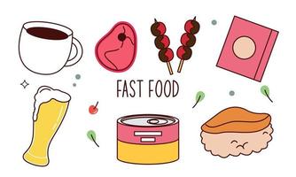 Fast food doodle hand drawn line art style object elements vector