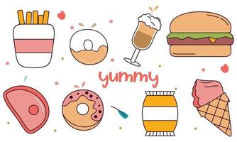 Fast food doodle hand drawn line art style object elements vector