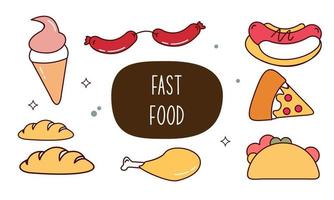 Fast food doodle hand drawn line art style object elements vector