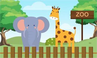 Zoo cartoon illustration with safari animals on forest background vector