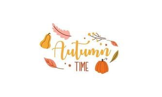 Hello pumpkin season. Autumn hand drawn lettering vector set with pumpkins, chestnut and leaves. Hal