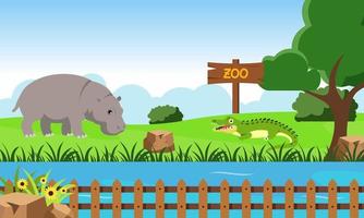 Zoo cartoon illustration with safari animals on forest background vector