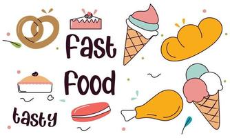 Fast food doodle hand drawn line art style object elements vector