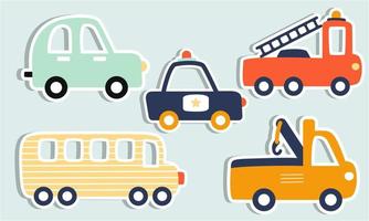 Set of funny transport stickers for kids hand drawn graphic. Vector illustration.