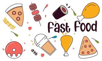 Fast food doodle hand drawn line art style object elements vector