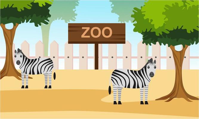 Zoo cartoon illustration with safari animals on forest background