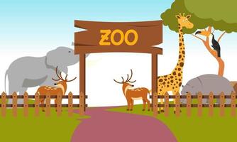 Zoo cartoon illustration with safari animals on forest background vector