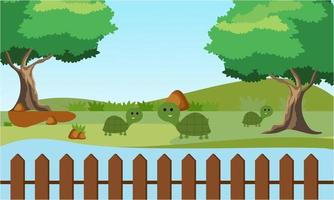 Zoo cartoon illustration with safari animals on forest background vector