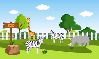 Zoo cartoon illustration with safari animals on forest background vector