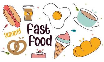 Fast food doodle hand drawn line art style object elements vector