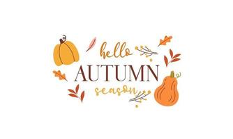 Hello pumpkin season. Autumn hand drawn lettering vector set with pumpkins, chestnut and leaves. Hal