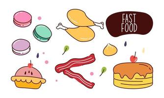 Fast food doodle hand drawn line art style object elements vector