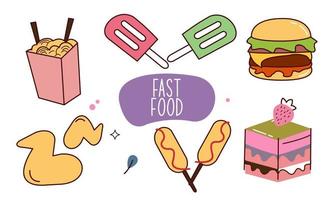 Fast food doodle hand drawn line art style object elements vector