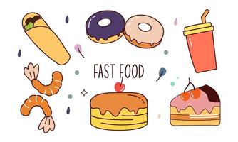 Fast food doodle hand drawn line art style object elements vector