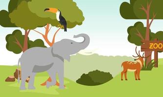 Zoo cartoon illustration with safari animals on forest background vector