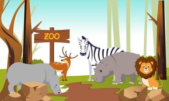 ilustración de dibujos animados del zoológico con animales de safari en el fondo del bosque vector