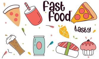 Fast food doodle hand drawn line art style object elements vector