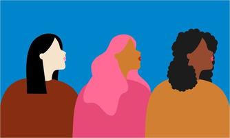 Female diverse faces of different ethnicity poster. Women empowerment movement. International women vector