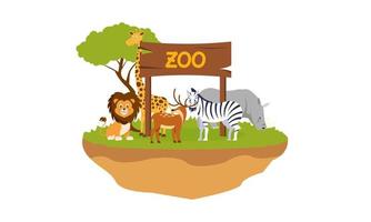 Zoo cartoon illustration with safari animals on forest background vector