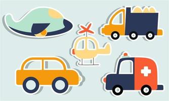 Set of funny transport stickers for kids hand drawn graphic. Vector illustration.