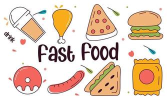 Fast food doodle hand drawn line art style object elements vector