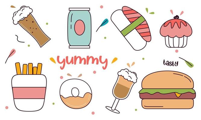 Fast food doodle hand drawn line art style object elements